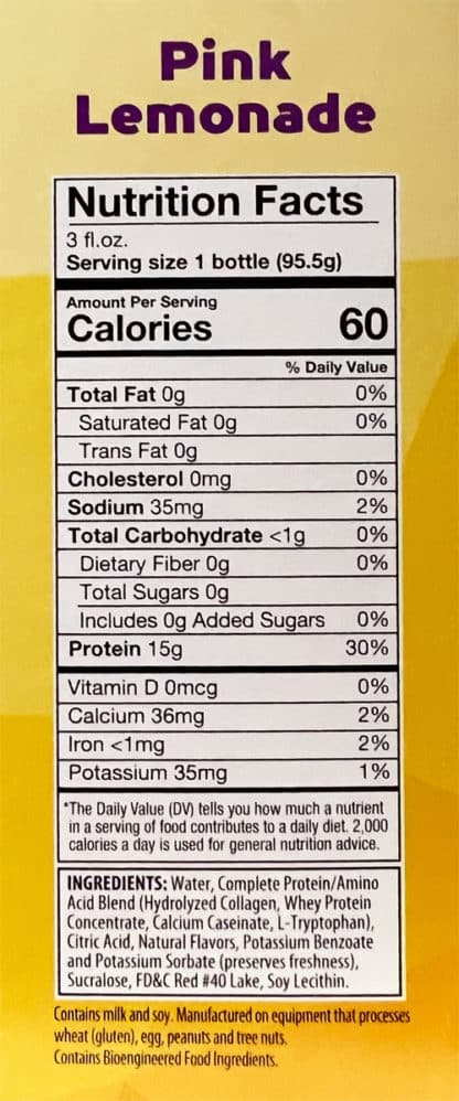 Pink Lemonade Protein Shot nutrition label
