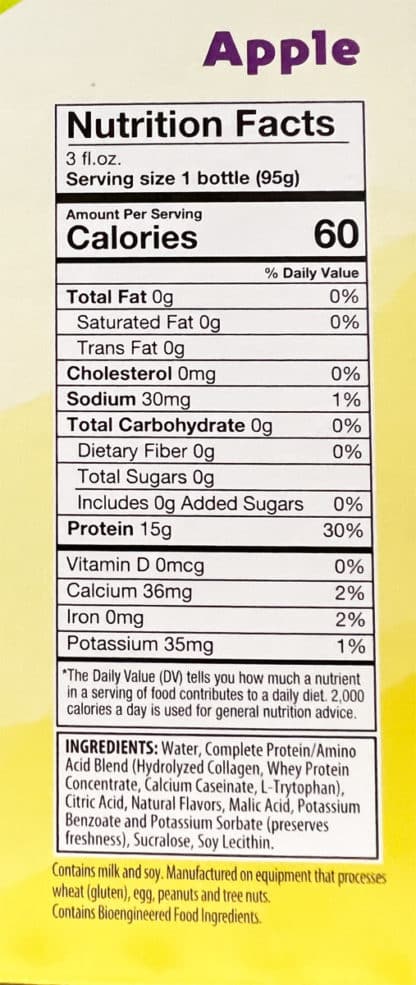 Orange Protein Shot nutrition label